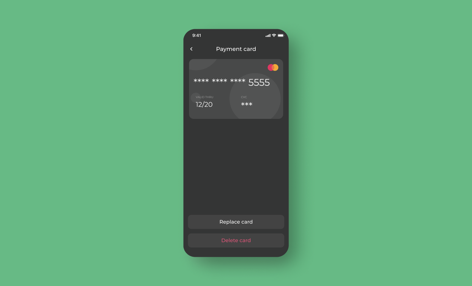 a screen with a payment card - Vendify
